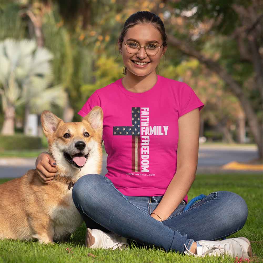 FAITH - FAMILY - FREEDOM CROSS (WOMENS) T-Shirt - NEW PINK