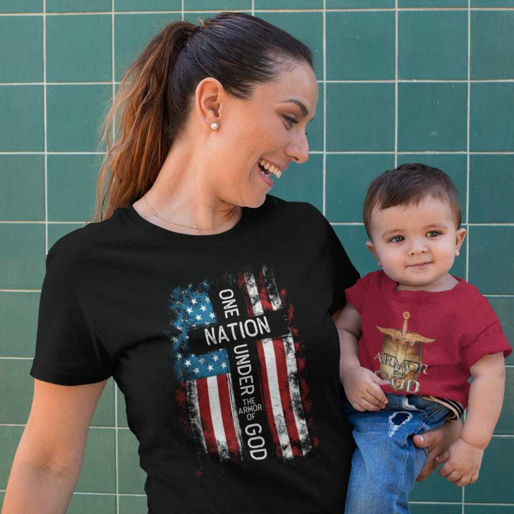 UNDER THE ARMOR OF GOD CROSS & FLAG T-SHIRT - BLACK - WOMENS