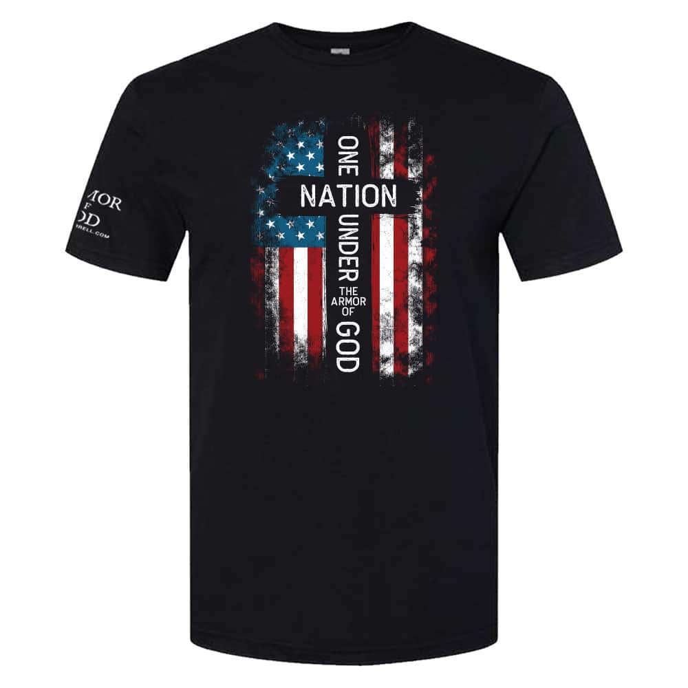 UNDER THE ARMOR OF GOD CROSS & FLAG T-Shirt - BLACK UNISEX DESIGN